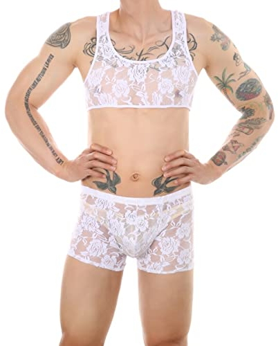 Bikini Sexy Herren Unterwäsche Mann Spitze Weste Sexy Brustgeschirr Boxershorts Set Shorts Dessous Bühnenkostüm Exotische Tanks, weiß, XL