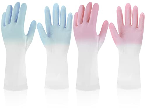 ASTER 2 Pairs Rubber Cleaning Gloves Medium, Household Washing up Gloves, Anti-slip Waterproof Gloves for Home, Kitchen, Pink, Blue