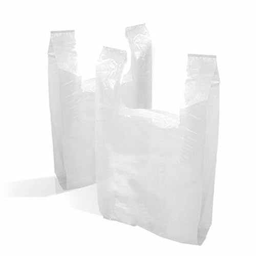 QTPack 100 White Plastic Carrier Bags Vest Style with Handles | Small HD 9x14x18 | Shopping Bags | Premium Quality Recyclable