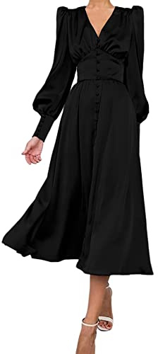 xxxiticat Dam långärmad satin maxiklänning långa lyktärmar knappslå volanger en rad vintage puffärmar midiklänningar, svart, L