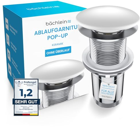 Bächlein Universal Drain Fitting without Overflow (Ceramic) - Pop Up Valve for Sink and Washbasin - Brass Drain Valve with Installation Instructions