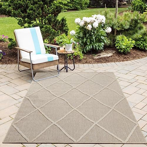 Vielseitiger In & Outdoor Teppich: Wetterfest, Waschbar, Flachgewebe in Sisaloptik mit Marokkanischem Design - Ideal für Küche, Camping, Terrasse, Balkon und Garten, Größe:160 x 230 cm, Farbe:Beige