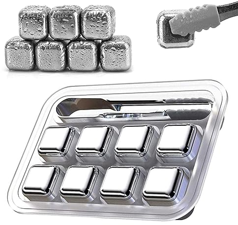 Thgtao Eiswürfel Edelstahl, 8 Stück Eiswürfel Wiederverwendbare, Whiskystein, Edelstahl Eiswürfel + Clips, mit High Cooling-Technologie, Geeignet Für Whisky, Wein, Getränkesaft oder Limonade