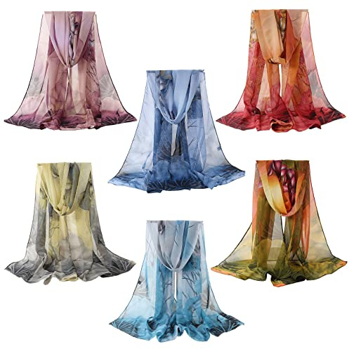 Aewob 6-pack chiffonghalsdukar för kvinnor lätta modehalsdukar för kvinnor sommarsjal varp blommig huvudscarf, Color8, one size