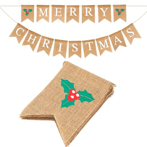G2PLUS Merry Christmas Burlap Bunting Banner, 4.8M Banner with Holly Leaves, Vintage Merry Christmas Garland with 16 Flag Pennants, Rustic Hessian Bunting for Decoration