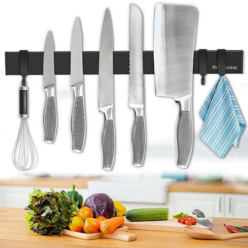 Rekehome Magnetic Knife Holder for Wall 17 Inch with 3 Hooks, No Drilling | black knife magnetic strip, Strong Magnet Knife Holder strip, Magnetic Knife Rack Bar for Kitchen Knives and Tools