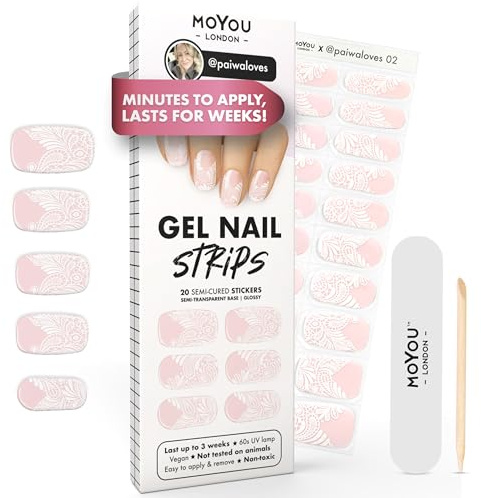MOYOU LONDON Semi Cured Gel Nail Strips - 20 Pcs Long Lasting Nail Wraps | Cures in Sunlight or UV LED Lamp; Stretchable, Easy to Apply & Remove, Premium Long Lasting Vegan & Cruelty Free Stickers