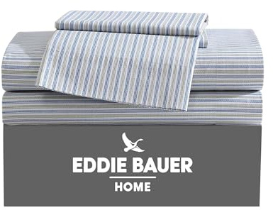 Eddie Bauer - Twin Sheets, Cotton Percale Bedding Set, Crisp & Cool Home Decor (Ticking Stripe Navy/Green, Twin)