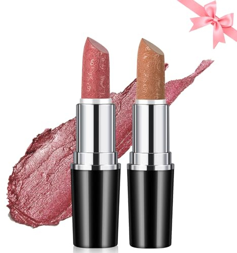 Likesing 2 Pièces Lot Rouge a Levre Pailleté Longue Tenue Rouge a Levre Nude Rose Rouges à Lèvres Sans Transfert Brillant à Lèvres Rouge Lip Gloss Lipstick Kit Coffret Cadeau Femme Maquillage Kit