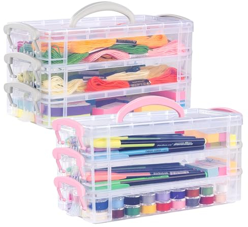 Anstore Plastic Storage Box with Lid, 2 x 3 Tier Stackable Small Storage Boxes, Classroom Desk Organiser Ideal for Storing Stationery, Craft Organiser, Small Pieces, Jewellery, Tools and Art Equipment