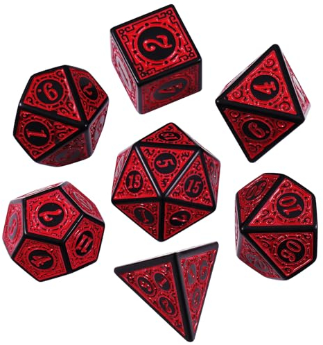 ORUZA 7 Stück DND Würfel Set Gravurmuster Polyedrische Rote D&D Würfel für Dungeon and Dragons MTG RPG Tischspiele Rollenspiel