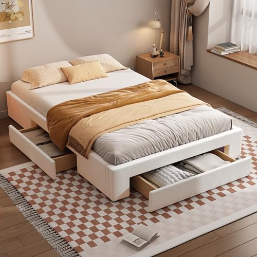 Bettrahmen 34 cm Flachbett mit 3 Schubladen, Doppelbett ohne Kopfteil & Fußteil, 140x200 cm Modernes Bettgestell mit Lattenrost, Stabiles Gästebett Jugendbett mit Stauraum, Beige, Ohne Matratze