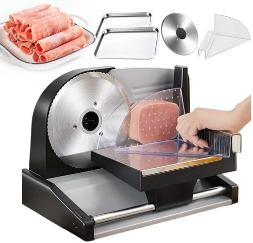 pedenencelia Electric Meat Slicer Machine 200w For Home Use,With Removable 19cm Stainless Steel Blade,2 Trays,Food Pusher,1-1.5 Cm/Non-Slip Suction Cup Feet,Bread Slicer-For Slicing Meat,Ham