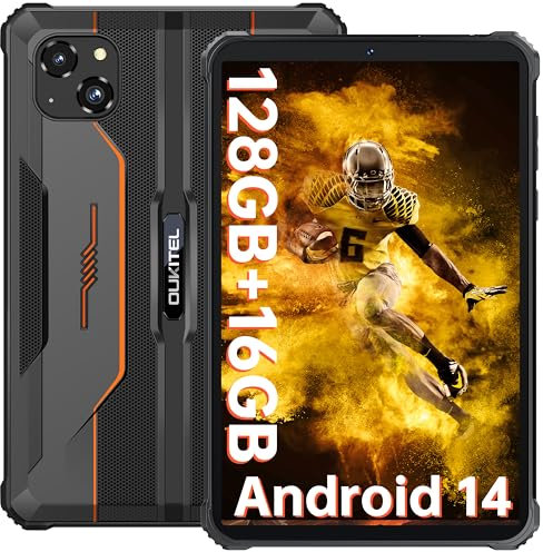 OUKITEL RT3 PRO Rugged Tablet - 8 HD Schermo Android 14-16GB RAM + 128GB ROM/TF 1TB Tablet PC MTK6769 Octa-Core 5150mAh 16MP+8MP Camera Tablet Impermeabile IP68/Dual SIM 4G/Face ID/Arancio