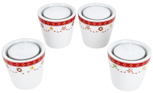 MamboCat 4er Set Weihnachtstraum Teelichthalter I Höhe 5,1cm I runde Porzellan-Kerzenhalter für Stabkerzen & Teelichter für Weihnachten, Advent & Co