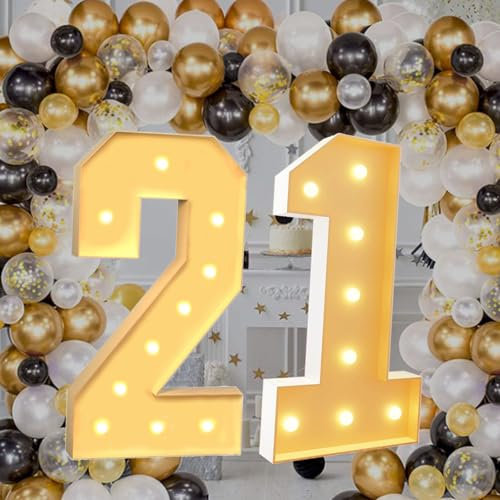 120cm/4FT Marquee Light Up Number 21, White Large Marquee Light Up Numbers, Pre-cut Foam Board Set Can Be Used for Birthdays, Weddings, Baby Anniversaries, Party Decoration