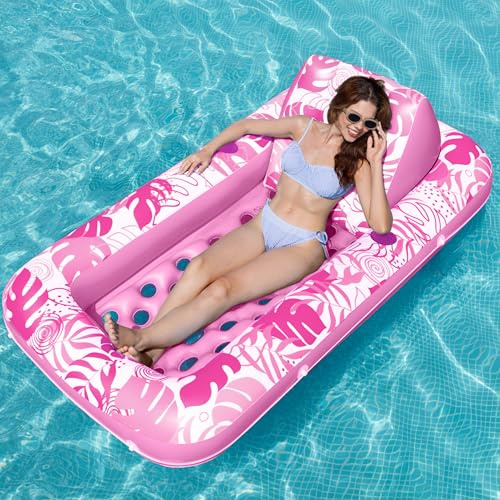 Sloosh 180 x 95 cm (72 x 38 tum), luftmadrass, pool för vuxna, uppblåsbar solpool med mugghållare, justerbart ryggstöd, luftmadrass, vatten för vuxna, sommarskoj, vattenparty-rosa