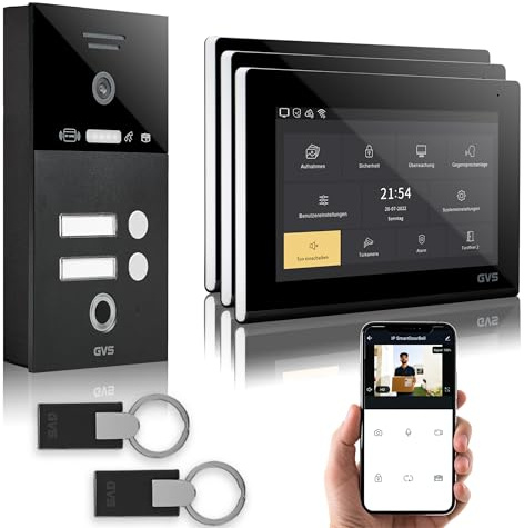 GVS Video Türsprechanlage 2-Familienhaus - RFID + Fingerprint - 3X 7 Zoll | Smarte Video Türklingel mit Kamera und Monitor & App - Gegensprechanlage mit Türöffner, RFID & Fingerprint (AVS5289A)