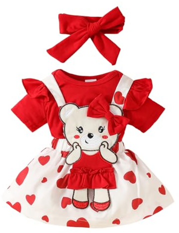 HEOXIN Ensemble de Vêtements Bébé Fille, Combinaison Manches Courtes Volants et Boutons Pression l'entrejambe, Rouge Love Ours Extensible Bretelles Button Jupe Nœud Papillon Bandeau Tenue, 0-3 Mois