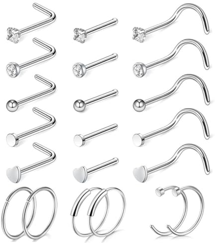 IKOPFLN Lot de 21 Pièces de 20G Piercing Nez en Acier Chirurgical,L Forme Vis Percing au Nez Argent,Clicker Piercing Nez Anneaux pour Femme Homme,Piercing Helix Septum Anneau Argent Bijoux Femme