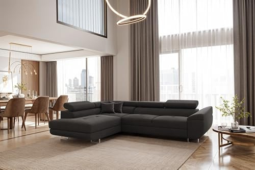 Kaiser Möbel - Ecksofa mit Schlaffunktion und Bettkasten, Wohnlandschaft L Form, Bigsofa, Bequemes Couch mit Ottomane für Wohnzimmer, Relaxsofa, Lounge-Set L-Form, FALIO L, Graphit, Links