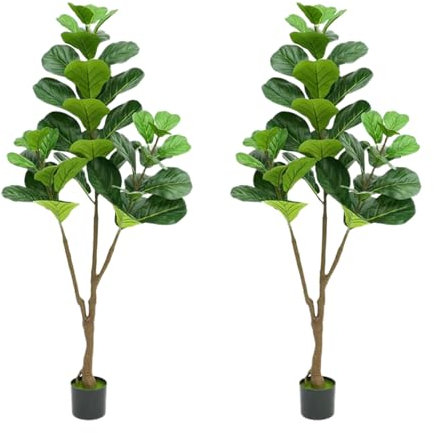 2 higueras artificiales de 150 cm, higueras realistas con hojas y tronco realistas, plantas artificiales grandes para salón, oficina, balcón, dormitorio, decoración