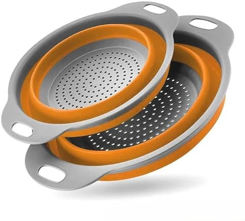 Hemasa Escurridor de platos plegable y expandible, cesta coladora de silicona para cocina, frutas, verduras, drenaje plegable que ahorra espacio (juego de 2) (naranja)