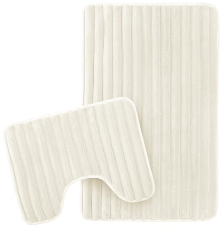 Olivia Rocco 2-teiliges geripptes Badematten-Set, extra weich, pflegeleicht, Plüsch-Badteppich + WC-Vorleger, super saugfähig, rutschfest, Badematte für Badezimmer, WC, Dusche, cremefarben