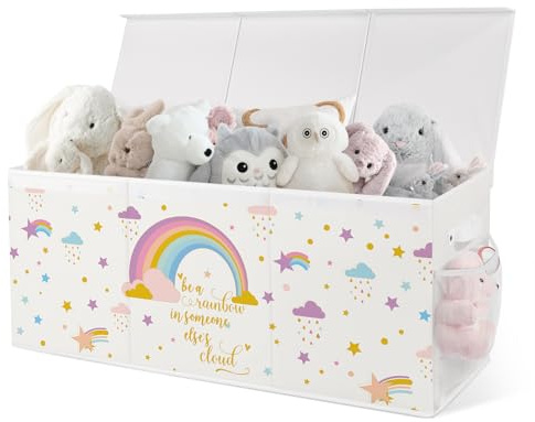 omedecal Vikbar leksakslåda med lock, 96 x 32 x 40 cm, barnleksaksförvaring med handtag för leksaker, kläder, böcker, garderob - regnbåge