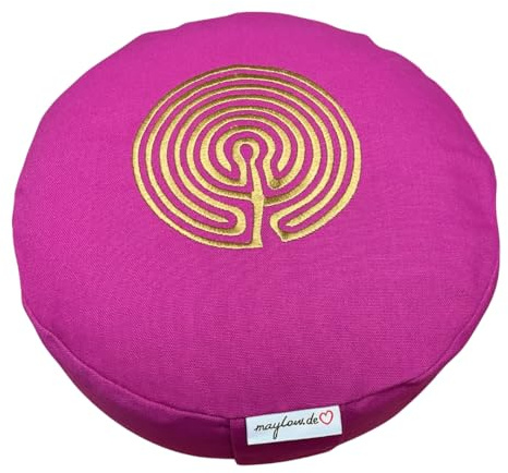 maylow Yoga mit Herz Yogakissen H15 cm Stickerei Shanti Sonne oder Labyrinth waschbarer Bezug gefüllt Buchweizenspelzen bequem, hochwertig, personalisierbar nach Wunsch