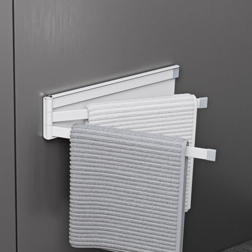 doporro 24cm Porta Asciugamani da Parete Portasciugamani con 3 Bracci Girevole a 180° Porta Asciugamani Adesivo da Parete per Bagno e Cucina Bianco Opaco Folda-02