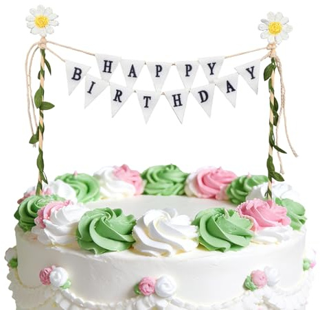 Gosknor Geburtstagstorten-Wimpelkette, Handgefertigte Wimpelkette mit Chrysanthemenranken Happy Birthday-Tortenaufsatz Wimpelkette Girlande für Geburtstagsfeier