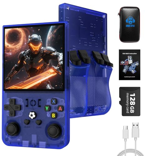 R36MAX Retro Handheld Game Console, 128GB TF Card Supports 22000+ Classic Games, 4.0 Inch 720x720 IPS Screen, Open Source Linux System, Handheld Gaming Console with Portable Case (Blue 128GB)