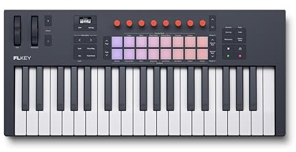 Novation FLkey 2 teclado controlador MIDI USB 37 | USB-C, 37 teclas grandes, 16 pads, 8 codificadores, ruedas tono/modulac., pantalla OLED, modos Scale y Chord, MIDI, FL Studio