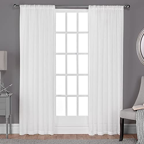 EXCLUSIVE HOME Belgian Textured Linen Look Jacquard Sheer Rod Pocket Curtain Panel Pair, 50x84, Winter White