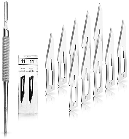Set - 10 Stück Skalpellklingen Figur 11 aus Karbonstahl - Ersatzklingen einzeln steril verpackt + 1 x May - Skalpell-Halter mit rundem Griff - Edelstahl