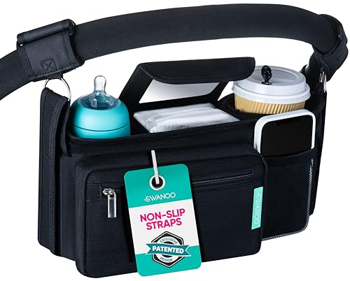 Swanoo Rutschfester Kinderwagen-Organizer mit Becherhaltern, Exklusivschlaufen-Griffbügel. Universale Passform Kinderwagenzubehör Caddy Elternkonsole