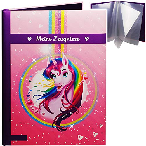A 4 - Zeugnismappe/Dokumentenmappe - Meine Zeugnisse Einhorn & Herzen - GEBUNDEN mit festen Seiten - A4 - Softcover - für Kinder und Erwachsene - Grundsch..