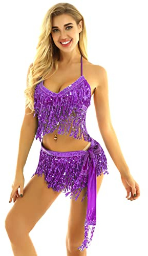 CHICTRY Bauchtanz Kostüm Damen Set Pailletten Quasten Bh Oberteil & Fransen Rock Gürtel Hüfttuch Belly Dance Outfit Indische Orientalische Tanzkleidung