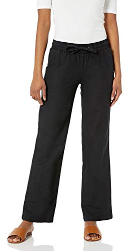 Amazon Essentials Pantaloni a Gamba Larga con Coulisse in Misto Lino dalla Vestibilità Comoda (Disponibili in Taglie Forti) Donna, Nero, M