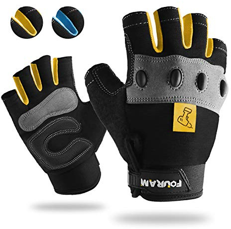 Fingerless Work Gloves for Men-Half Finger working Glove Grip Shock-Absorbing Breathable Uwrist TPR Anti-collision Gloves for Mens & Women (Yellow, Large)