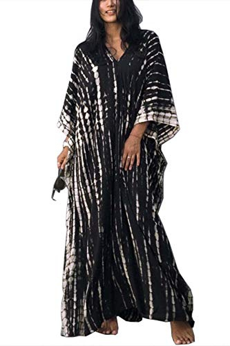 Orshoy Damen Lang Strandponcho Bikini Coverups Strandkleid Strandtunika Kaftan Boho Kleid Sommerkleid Badekleid Badeanzug Sommer Maxikleid Beachwear B-Schwarz