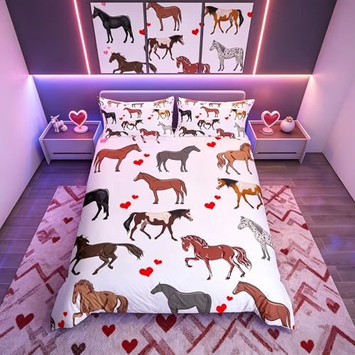 Cute Horse Bed Linen for Kids Girls Ponies Heart Bedding Set Cartoon Farm Animals Duvet Cover Horse Fuzzy Bedding &Linen Kids Bedding Wildlife Comforter Cover Double Bed Cover with 2 Pillowsham