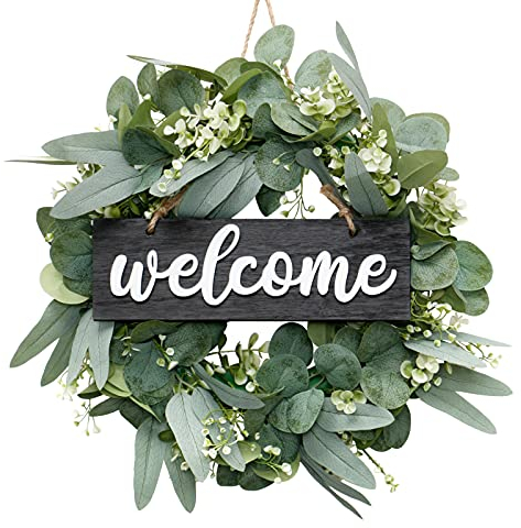 LOMOHOO 46cm Kranz für die Haustür,künstlicher Frühlings Sommer Türkranz mit Willkommensschild aus Holz,Haustür-Eukalyptus-Kranz mit handgefertigtem Holz-Hängeschild,Heimdekoration für drinnen draußen