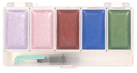 Craftelier - Set mit 5 Metallic-Aquarellfarben im Vintage-Look + Pinsel mit Wassertank | Ideal für Scrapbooking- und Bastelprojekte | Palettengröße 14 x 6,5 cm - Godet-Größe 4,5 x 2,5 cm