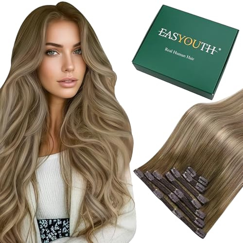Easyouth Clip in Extensions Echthaar 50cm Ombre Echthaar Extensions Clip Blond Braun Echthaar Clip in Extensions Dunkelbraun Balayage Hellbraun Mittelblond Voller Kopf 120g 7Pcs 50 cm #3/8/22