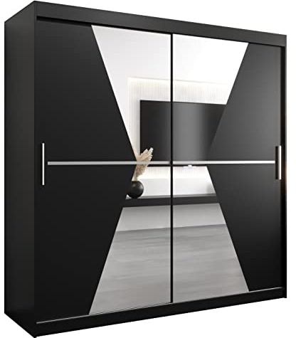 ABIKSMEBLE Maroko 200 Armoire à Deux Portes Coulissantes pour Chambre à Coucher - Moderne Armoire de Rangement avec Miroir, Tringle et Étagères - 200x200x62 cm (L x H x P) - Noir Mat