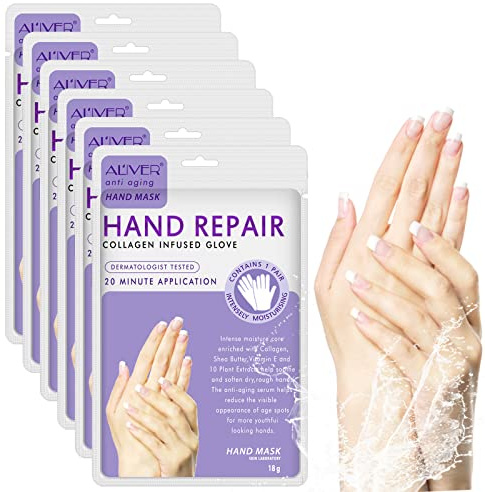CCKULOOB Hand Mask, 6 Pairs Super Hydrating Hand Mask Moisturizing Hand Mask that Enriched with Collagen, Shea Butter, and Vitamin-E to Revive Dry, Rough and Cracked Skin (6 Lavender)