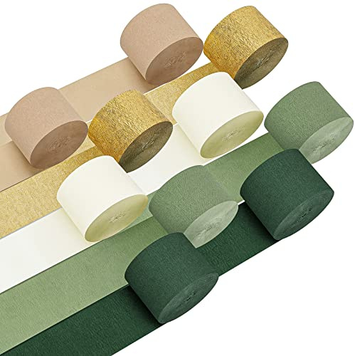 Kisston 10 Rolls Crepe Paper Streamers 820 Ft, Green Sage Green Gold White Brown Crepe Paper Decorations for Wedding Ceremony Birthday Party