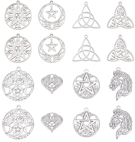 SUNNYCLUE 1Scatola 16Pezzi Ciondoli Nodo Trinità Ciondolo Nodo In Acciaio Inossidabile Nodi Irlandesi Ciondoli Cuore Albero Della Vita Ciondolo Ali D'Angelo Testa di Cavallo Ciondolo Stella Rotondo Pi